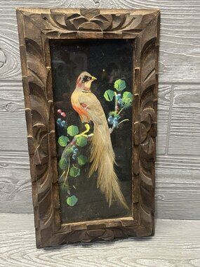 Vintage Mexican Feathercraft Exotic Bird in Hand Carved Wood Frame 13.5” X 7.5”